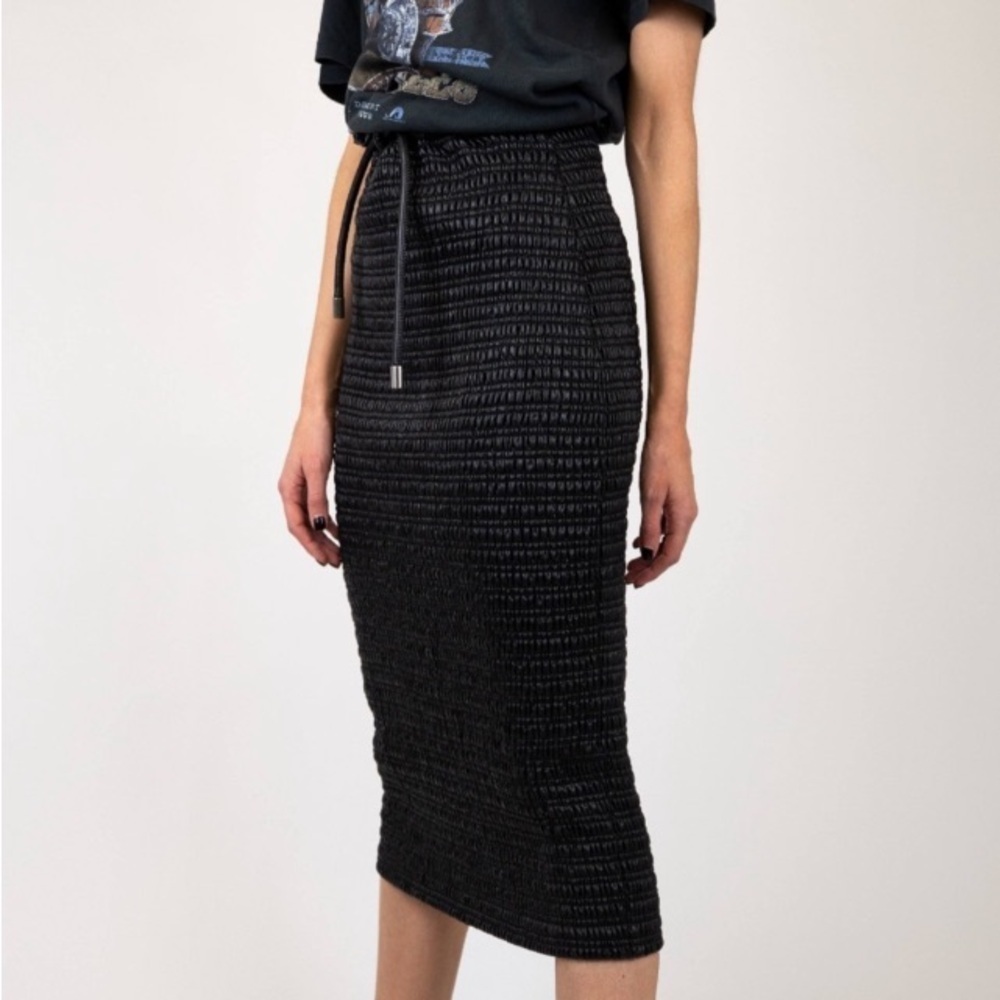 A.L.C. Smocked Vegan Leather Jaclyn Black Pencil Skirt 00 Goth Designer Luxury - Picture 8 of 16